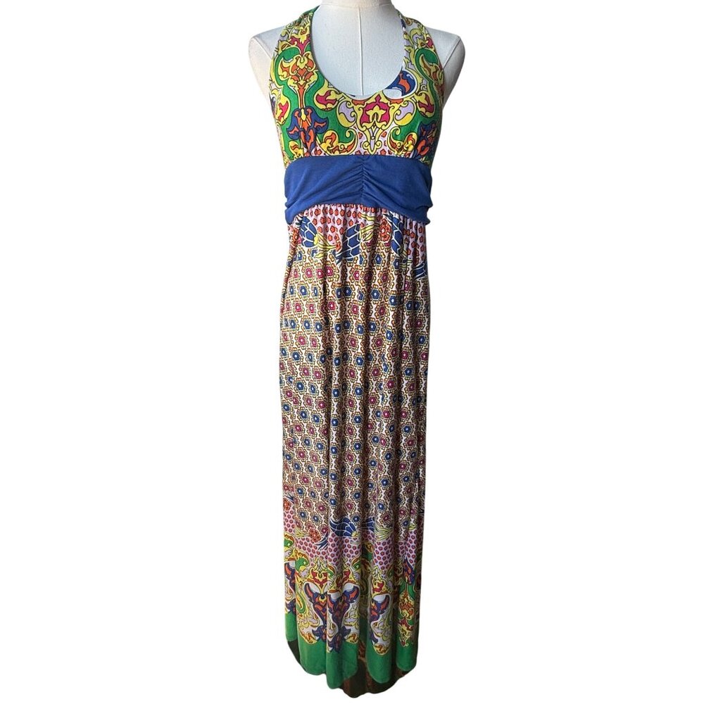 Mon Amie Boho Babydoll Halter Maxi Dress Size L Patchwork Art To Wear Artsy - Picture 4 of 10